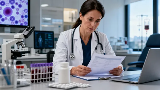 Representative image: A hematology clinician reviews treatment data in a clinical lab setting as Incyte’s FDA approval of once-daily Jakafi XR highlights the next phase of ruxolitinib therapy for myelofibrosis, polycythemia vera and graft-versus-host disease.