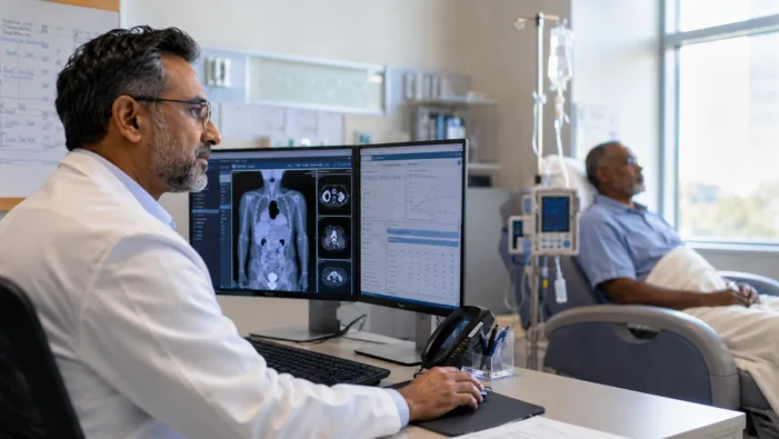 Representative image: An oncologist reviews lymphoma scan data in a clinical setting as Incyte’s tafasitamab combination shows improved progression-free survival in high-risk diffuse large B-cell lymphoma, raising new questions about the future of first-line DLBCL treatment. Incyte’s frontMIND data put pressure on decades-old R-CHOP dominance in high-risk DLBCL