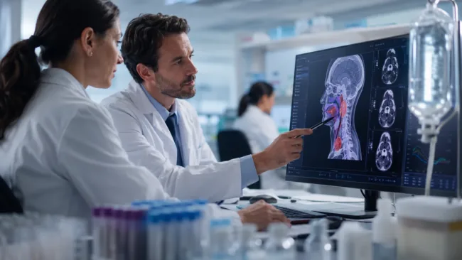 Representative image: Oncology researchers reviewing head and neck cancer imaging data, reflecting the clinical focus of Inhibrx Biosciences’ INBRX-106 HexAgon study update in first-line HNSCC and the broader immuno-oncology race to improve pembrolizumab-based treatment strategies.