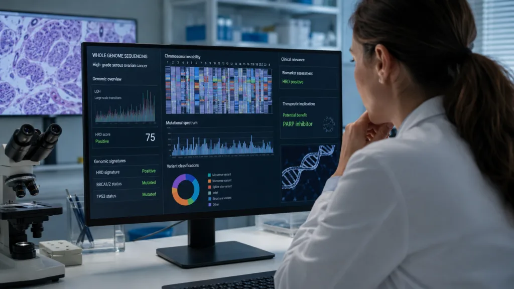 Representative image: A clinical genomics researcher reviews whole-genome sequencing data, reflecting Inocras’ ASCO 2026 findings on WGS-HRD testing and PARP inhibitor benefit in high-grade serous ovarian cancer.