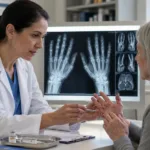 Representative image showing a clinician reviewing joint health with a patient, reflecting Johnson & Johnson’s Tremfya FDA label expansion for structural joint damage inhibition in active psoriatic arthritis.