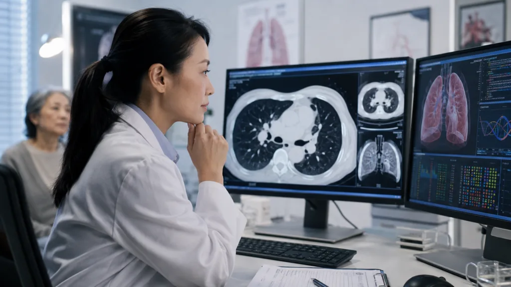 Representative image: An oncologist reviews lung scan and precision medicine data, reflecting how Rybrevant plus Lazcluze could reshape first-line treatment expectations for atypical EGFR-mutated non-small cell lung cancer.