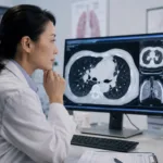 Representative image: An oncologist reviews lung scan and precision medicine data, reflecting how Rybrevant plus Lazcluze could reshape first-line treatment expectations for atypical EGFR-mutated non-small cell lung cancer.