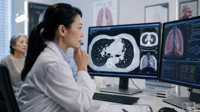 Representative image: An oncologist reviews lung scan and precision medicine data, reflecting how Rybrevant plus Lazcluze could reshape first-line treatment expectations for atypical EGFR-mutated non-small cell lung cancer. Is atypical EGFR-mutated NSCLC becoming Johnson & Johnson’s next precision oncology battleground?