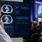 Representative image of oncology researchers reviewing lung cancer imaging and genomic data, reflecting Kelun-Biotech’s lunbotinib fumarate Phase II results in RET fusion-positive non-small cell lung cancer.