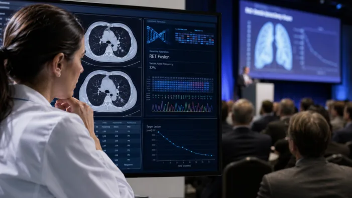 Representative image of oncology researchers reviewing lung cancer imaging and genomic data, reflecting Kelun-Biotech’s lunbotinib fumarate Phase II results in RET fusion-positive non-small cell lung cancer. Kelun-Biotech’s ASCO 2026 data strengthens China’s next wave of targeted cancer drugs