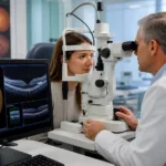 Representative image: An ophthalmology clinic scene showing retinal imaging and eye examination technology, reflecting Kodiak Sciences’ KSI-101 clinical data in macular edema secondary to inflammation and the growing role of biologics in inflammatory retinal disease treatment.