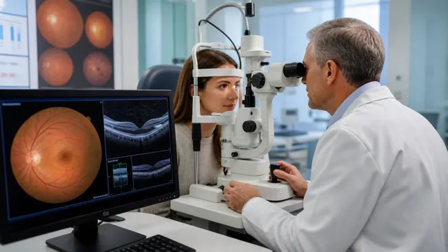 Representative image: An ophthalmology clinic scene showing retinal imaging and eye examination technology, reflecting Kodiak Sciences’ KSI-101 clinical data in macular edema secondary to inflammation and the growing role of biologics in inflammatory retinal disease treatment.
