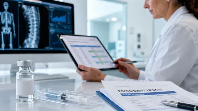 Representative image: A clinician reviews prescribing and dosing data for an injectable rare disease therapy, reflecting Kyowa Kirin’s FDA-approved Crysvita dosing update for adults with X-linked hypophosphatemia.