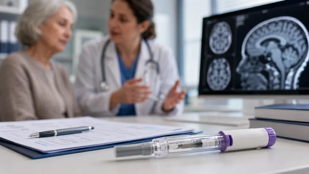 Representative image: A subcutaneous Alzheimer’s treatment injector is shown in a clinical consultation setting as Eisai Co., Ltd. and Biogen Inc. await the FDA’s August 2026 decision on Leqembi Iqlik as a starting dose for early Alzheimer’s disease.