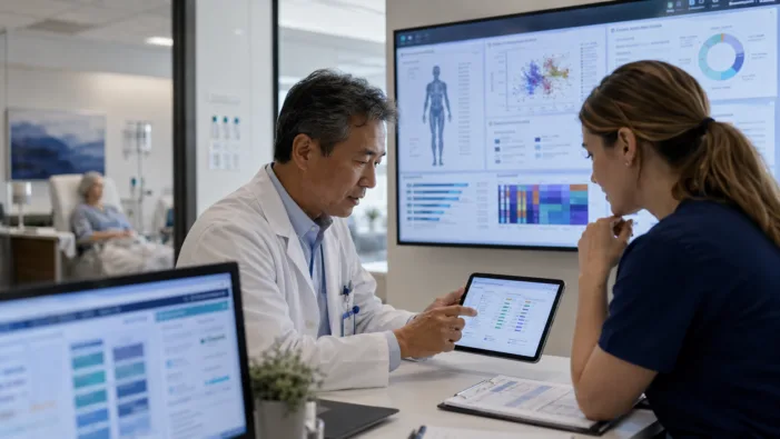 Representative image of an oncologist and clinical care team reviewing AI-powered cancer trial data, reflecting Massive Bio’s Reticulum Nexus push to improve oncology trial matching, biomarker reassessment and patient access after its ASCO 2026 product suite announcement. How Massive Bio’s Reticulum Nexus suite is targeting the hidden bottlenecks in cancer trials
