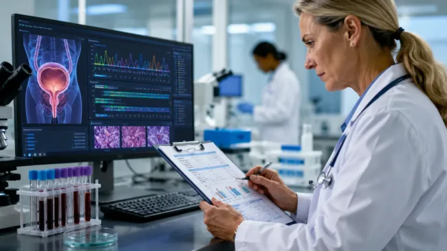 Representative image of a clinical diagnostics lab reviewing blood-based MRD test results, as Veracyte’s TrueMRD Medicare coverage decision pushes whole-genome bladder cancer recurrence monitoring closer to routine oncology care.