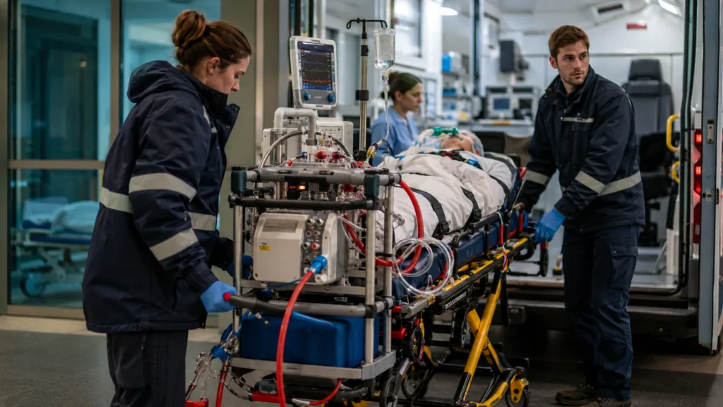 Representative image of a transport-ready ECMO system in a critical care transfer setting, reflecting Medtronic plc’s CE mark approval for the VitalFlow Transport Frame Air and Ground in Europe.