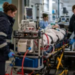 Representative image of a transport-ready ECMO system in a critical care transfer setting, reflecting Medtronic plc’s CE mark approval for the VitalFlow Transport Frame Air and Ground in Europe.