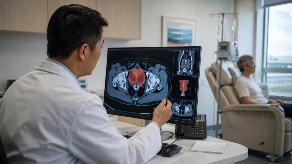 Representative image: A clinician reviews bladder cancer imaging in a modern oncology setting, reflecting Merck’s KEYTRUDA plus Padcev EU regulatory milestone for cisplatin-ineligible muscle-invasive bladder cancer patients.