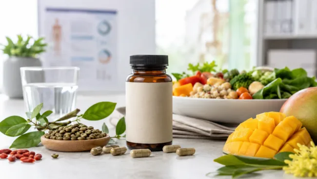 Representative image of berberine-infused natural GLP-1 supplements with botanical ingredients and healthy food cues, reflecting PureHealth Research’s push into metabolic wellness, satiety support, and the fast-growing consumer health market for natural GLP-1 alternatives.