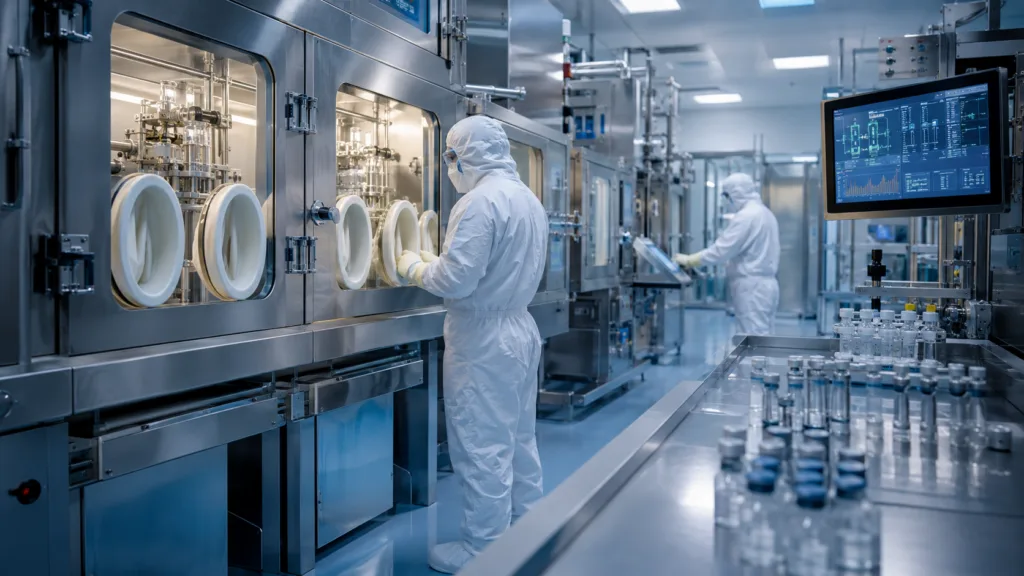 Representative image: A sterile radiopharmaceutical manufacturing cleanroom with shielded processing equipment and sealed vials, illustrating how Niowave’s Michigan Actinium-225 facility could support the next phase of targeted cancer therapy supply.