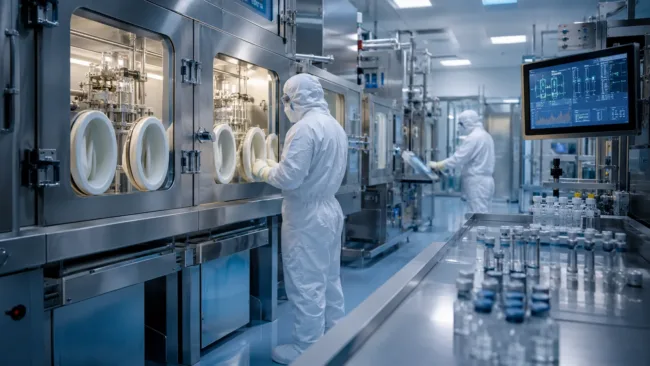 Representative image: A sterile radiopharmaceutical manufacturing cleanroom with shielded processing equipment and sealed vials, illustrating how Niowave’s Michigan Actinium-225 facility could support the next phase of targeted cancer therapy supply.