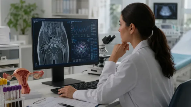 Representative image: A clinician reviews pelvic imaging and biomarker data in a women’s health diagnostics setting, reflecting how non-invasive endometriosis tests using saliva, blood and molecular imaging could help shorten years-long diagnosis delays.