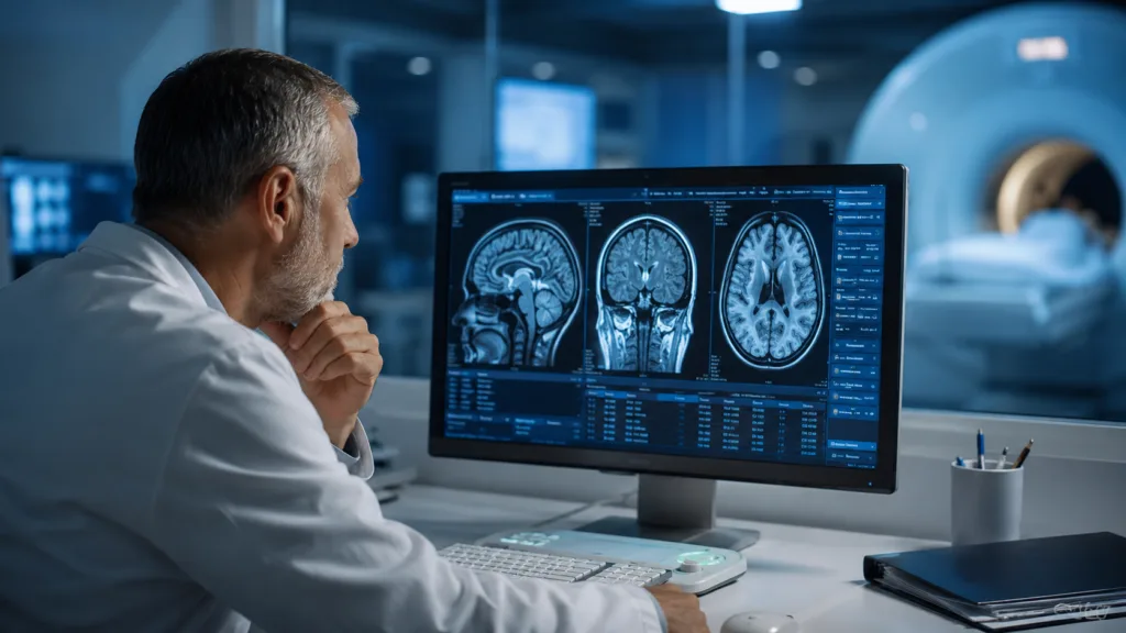 Representative image of MRI brain scan analysis as Ono Pharmaceutical’s ONO-2808 trial data highlights new research momentum in multiple system atrophy treatment.