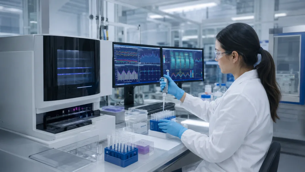 Representative image: A scientist reviews sequencing-style quality control data in a modern biopharma lab, illustrating how Oxford Nanopore Technologies and Lonza aim to improve GMP mRNA testing, release workflows and advanced therapy manufacturing.