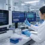 Representative image: A scientist reviews sequencing-style quality control data in a modern biopharma lab, illustrating how Oxford Nanopore Technologies and Lonza aim to improve GMP mRNA testing, release workflows and advanced therapy manufacturing.