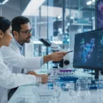 Representative image of oncology researchers reviewing molecular therapy data, reflecting Pfizer and Innovent Biologics’ global collaboration to advance antibody-drug conjugates, multispecific antibodies, and next-generation cancer medicines.