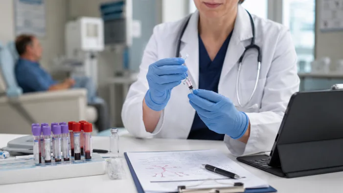 Representative image: A healthcare professional prepares a subcutaneous injection in a clinical setting, reflecting the treatment shift highlighted by Pfizer’s Hympavzi EU indication expansion for hemophilia A and hemophilia B patients with inhibitors. EU backs Pfizer’s Hympavzi for hemophilia patients with inhibitors. What changes now?