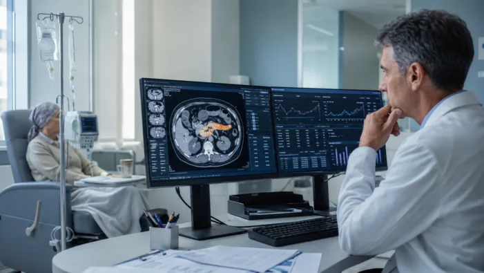 Representative image: A clinician reviews pancreatic cancer imaging and oncology trial data as Phanes Therapeutics’ spevatamig Phase 2 results highlight the growing role of bispecific antibody research in first-line metastatic pancreatic ductal adenocarcinoma treatment. Phanes Therapeutics’ spevatamig data puts cold-tumor immunotherapy back in focus at ASCO 2026