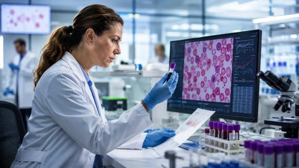 Representative image: A hematology researcher reviews blood sample data in a clinical laboratory, reflecting PharmaEssentia’s new ropeginterferon alfa-2b evidence in essential thrombocythemia ahead of ASCO 2026 and EHA 2026.