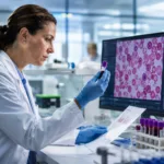 Representative image: A hematology researcher reviews blood sample data in a clinical laboratory, reflecting PharmaEssentia’s new ropeginterferon alfa-2b evidence in essential thrombocythemia ahead of ASCO 2026 and EHA 2026.