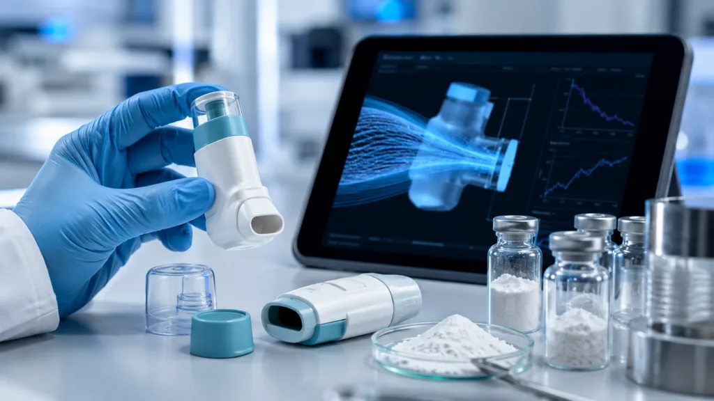 Representative image: A dry powder inhaler prototype is shown in a pharmaceutical research setting, reflecting Phillips Medisize’s focus on connected inhaler innovation, device-formulation alignment, and patient-centric respiratory drug delivery at RDD 2026.