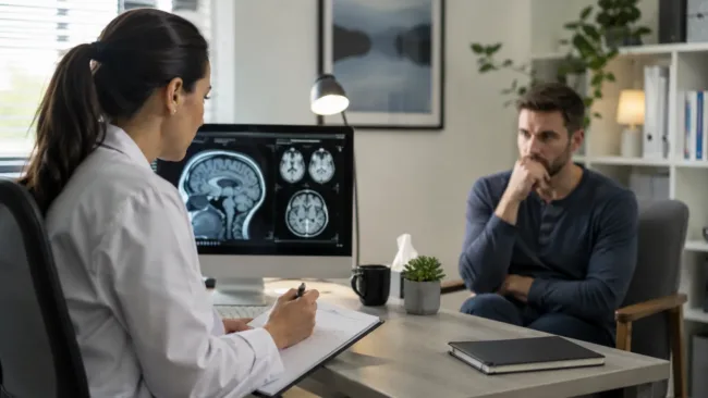 Representative image: A clinical neuropsychiatry consultation setting reflects ReST Therapeutics’ move to advance RST-101 into human testing for early PTSD treatment.