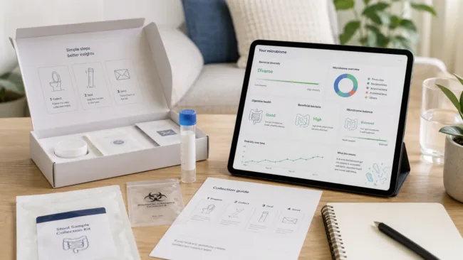 Representative image of an at-home microbiome testing kit and digital gut health report, highlighting how Resbiotic and Tiny Health’s partnership brings personalised gut microbiome insights closer to consumer diagnostics.