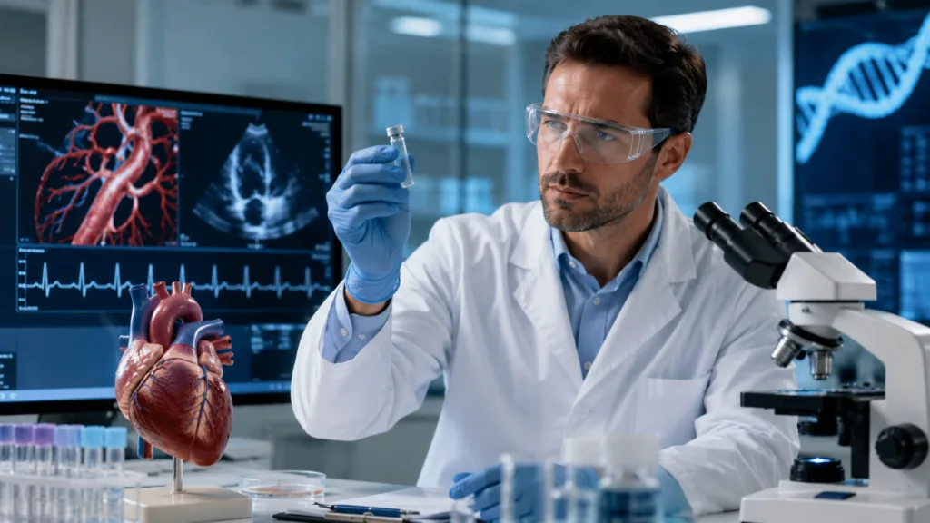 Representative image of cardiovascular drug research and RNA-based therapeutic development. Ribo’s RBD1119 Phase 2 filing highlights growing interest in siRNA antithrombotic strategies for coronary artery disease.