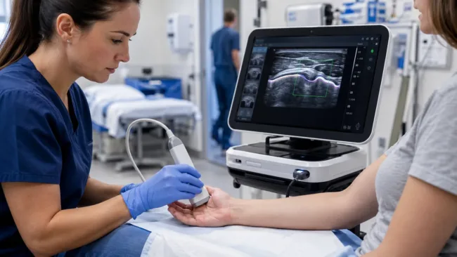 Representative image: AI-enabled musculoskeletal ultrasound imaging in a clinical setting, highlighting how Rivanna’s FDA-cleared Accuro XV system could support point-of-care assessment of bone and soft-tissue injuries.