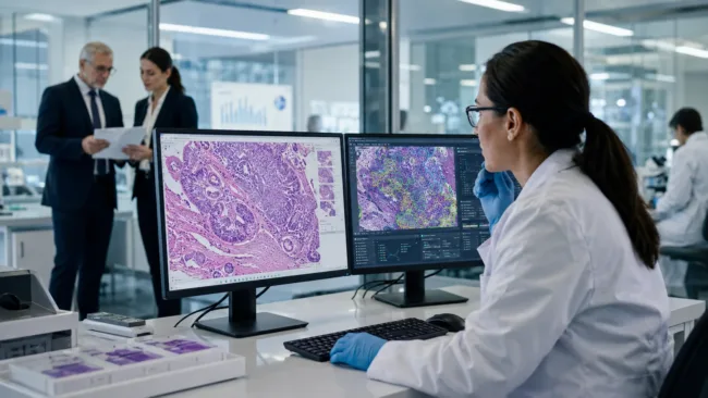 Representative image: Roche’s $1.05bn PathAI acquisition highlights how AI-powered digital pathology could accelerate tissue analysis, companion diagnostics, and precision oncology workflows across modern diagnostics laboratories.