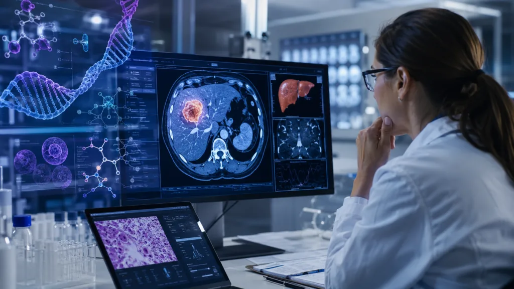 Representative image: Advanced liver cancer imaging and RNA-based oncology research illustrate Rznomics Inc.’s FDA RMAT designation for RZ-001 in hepatocellular carcinoma, highlighting the growing role of RNA editing in next-generation cancer therapy.