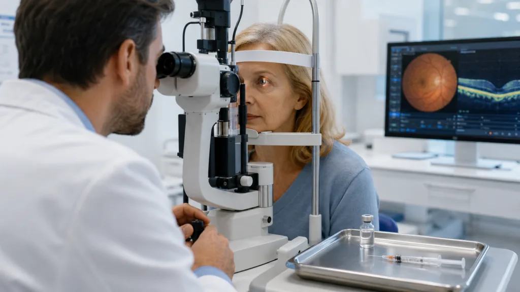 Representative image showing retinal eye care and injectable ophthalmology treatment as Samsung Bioepis expands Europe’s aflibercept biosimilar market with the launch of OPUVIZ for major retinal diseases.