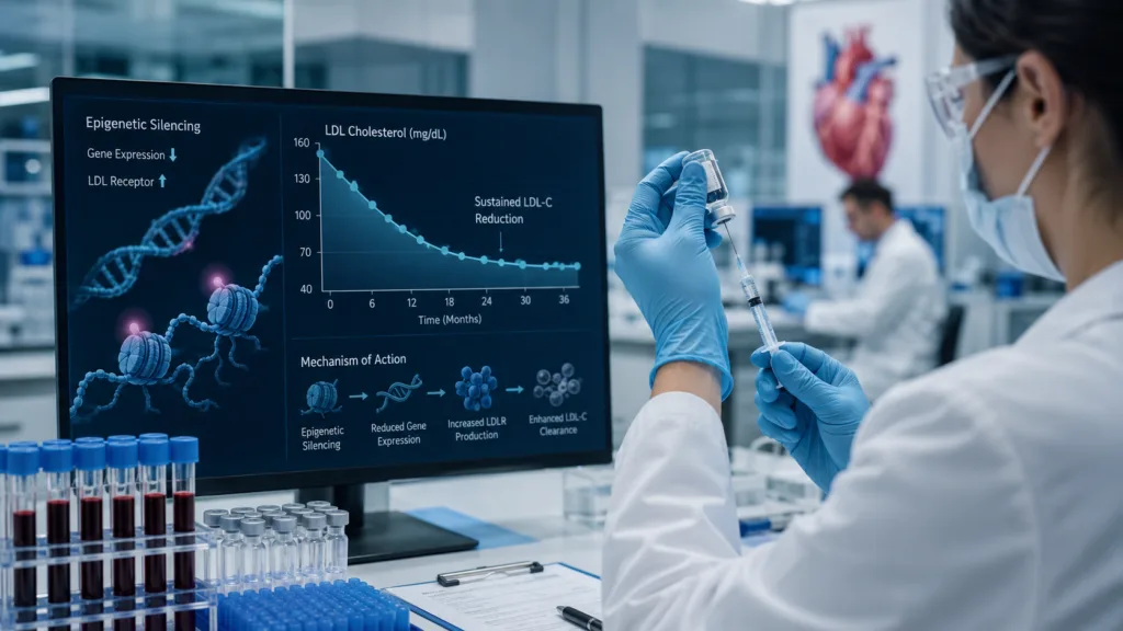 Representative image showing cardiovascular drug research and epigenetic silencing technology, reflecting Scribe Therapeutics’ STX-1150 strategy for long-lasting LDL-C reduction after a single dose.
