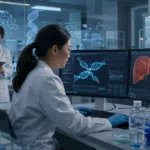 Representative image: Scientists analyze CRISPR gene-editing and liver-targeted cardiometabolic research data in a biotech laboratory, reflecting Scribe Therapeutics’ push to advance epigenetic silencing for durable LDL-C reduction.