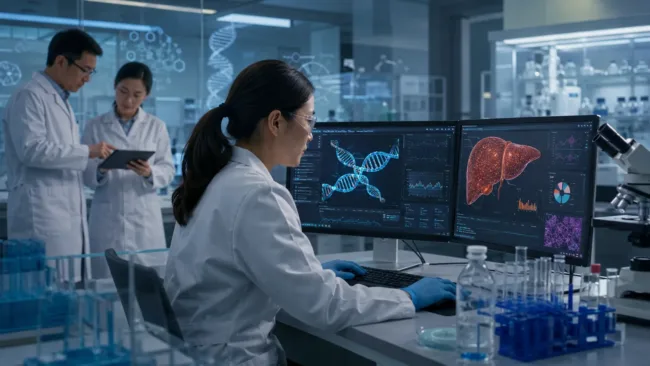 Representative image: Scientists analyze CRISPR gene-editing and liver-targeted cardiometabolic research data in a biotech laboratory, reflecting Scribe Therapeutics’ push to advance epigenetic silencing for durable LDL-C reduction.