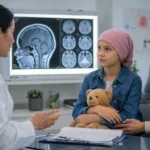 Representative image of a pediatric oncology consultation as Servier and Day One advance FIREFLY-2, a pivotal trial testing OJEMDA as a potential front-line treatment for BRAF-altered pediatric low-grade glioma.