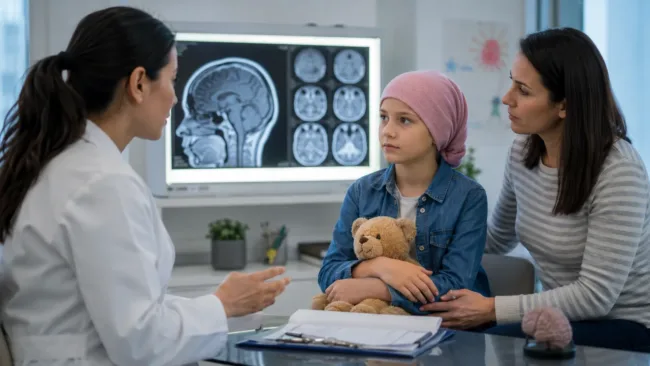 Representative image of a pediatric oncology consultation as Servier and Day One advance FIREFLY-2, a pivotal trial testing OJEMDA as a potential front-line treatment for BRAF-altered pediatric low-grade glioma.