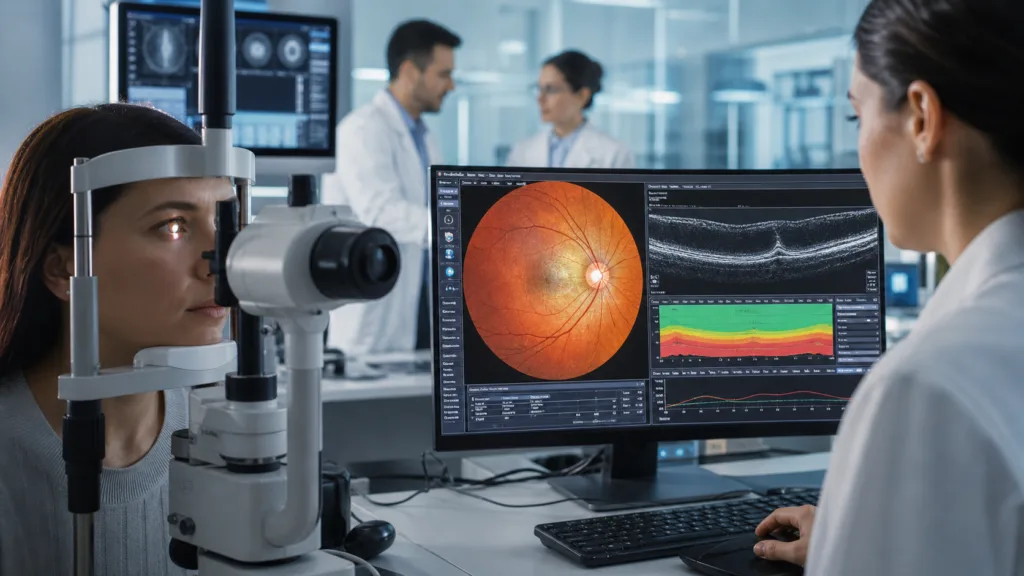 Representative image: Ophthalmology researchers evaluate retinal imaging data as Spinogenix’s tazbentetol preclinical results raise new questions about synaptic regeneration, glaucoma neuroprotection, and diabetic retinopathy treatment strategies.
