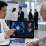 Representative image of a urologist discussing overactive bladder and benign prostatic hyperplasia treatment data with an older male patient, reflecting Sumitomo Pharma America’s AUA 2026 vibegron findings in men aged 75 and older.