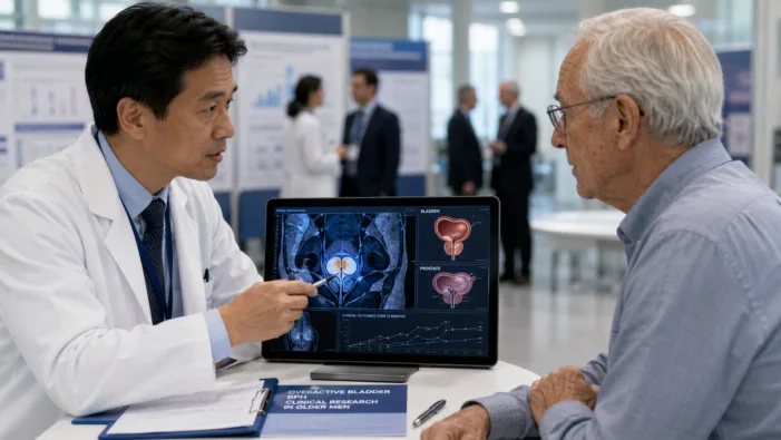 Representative image of a urologist discussing overactive bladder and benign prostatic hyperplasia treatment data with an older male patient, reflecting Sumitomo Pharma America’s AUA 2026 vibegron findings in men aged 75 and older. Can vibegron strengthen Sumitomo Pharma America’s urology position after AUA 2026?