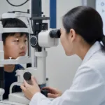 Representative image: A child undergoing an eye examination in a modern ophthalmology clinic, reflecting Sydnexis’ Phase 3 SYD-101 data focus on low-dose atropine treatment for fast-progressing pediatric myopia.