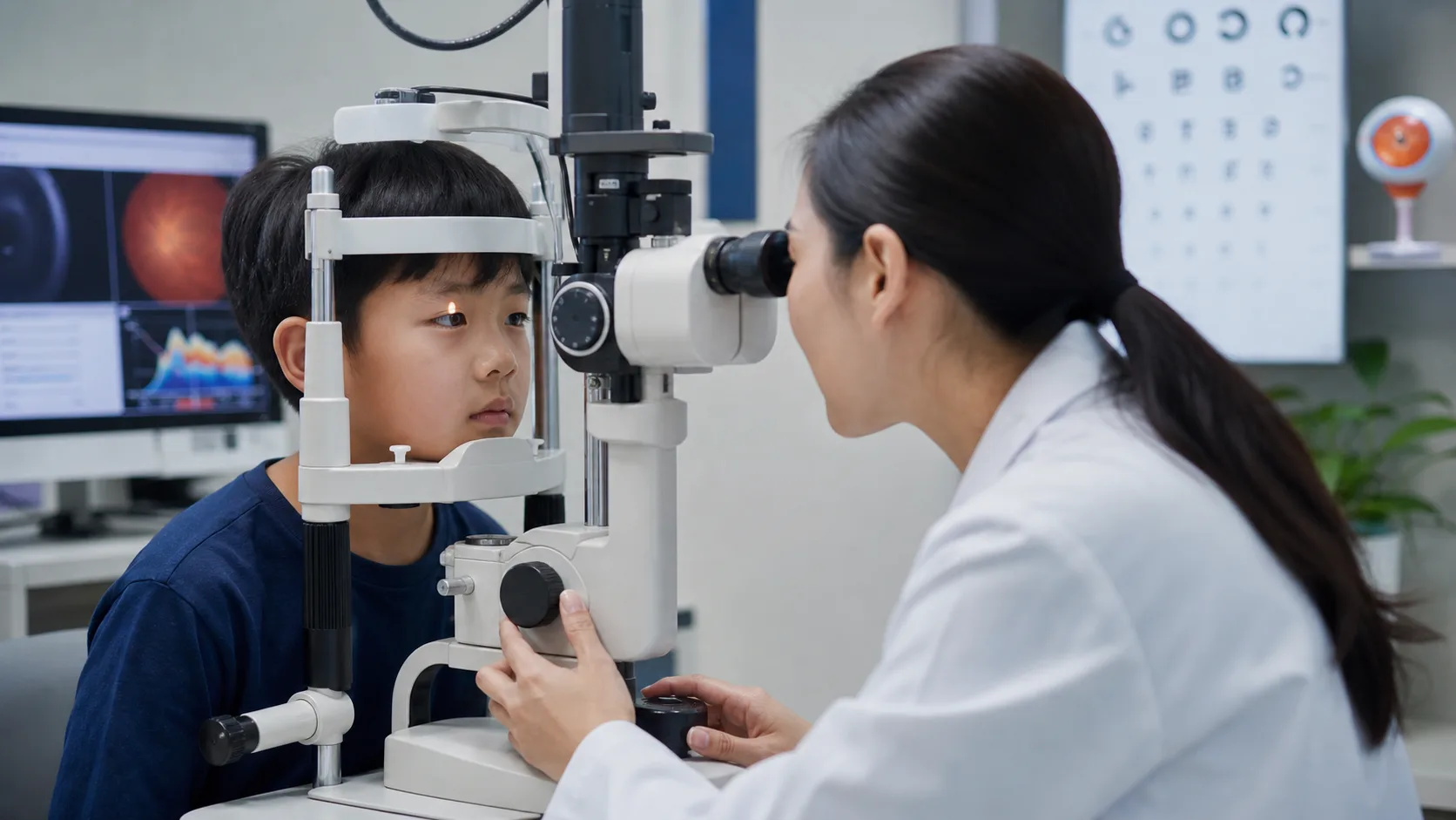 Representative image: A child undergoing an eye examination in a modern ophthalmology clinic, reflecting Sydnexis’ Phase 3 SYD-101 data focus on low-dose atropine treatment for fast-progressing pediatric myopia.
