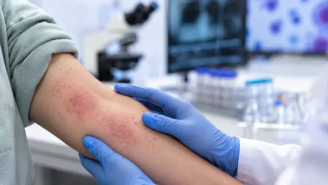 Representative image: A clinical research scene showing atopic dermatitis assessment, reflecting TRexBio’s TRB-061 development strategy as TNFR2 agonism and tissue Treg biology emerge as potential new approaches for treating moderate-to-severe inflammatory skin disease.